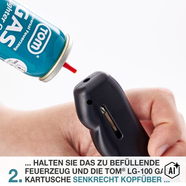 Tom Universal Feuerzeuggas Gaskartusche zum Befüllen eines Stabfeuerzeugs in Anwendung