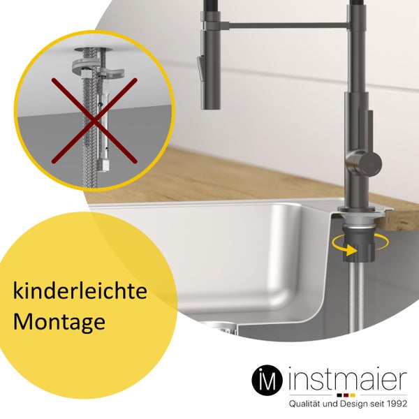 instmaier Küchenarmatur K4 | Flexible Geschirrbrause | Wasserhahn Küche mit 2 Funktionen | Spültischarmatur Graphit / Schwarz | 360° schwenkbar | mit Zentralverschraubung