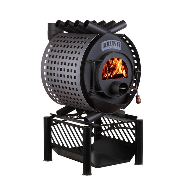 Holzofen mit Sichtfenster und Brennholzfach