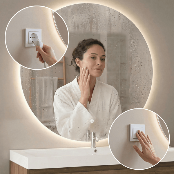 Runder LED Badezimmerspiegel mit indirekter Beleuchtung, Touch Sensor und befeuchteter Glasoberfläche sowie Details zu Stromanschluss und Schalter
