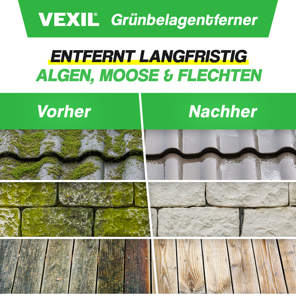 Vexil Grünbelagentferner zur Entfernung von Algen, Moosen und Flechten auf Dachziegeln, Steinwänden und Holzterrassen im Vorher Nachher Vergleich.