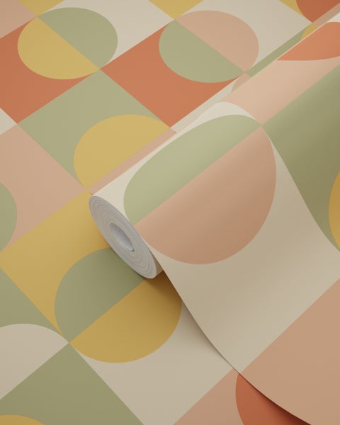 ESTAhome Tapete Kreise im Bauhaus-Stil Terrakotta, Gelb, Grün und Beige - 50 x 900 cm - 130941
