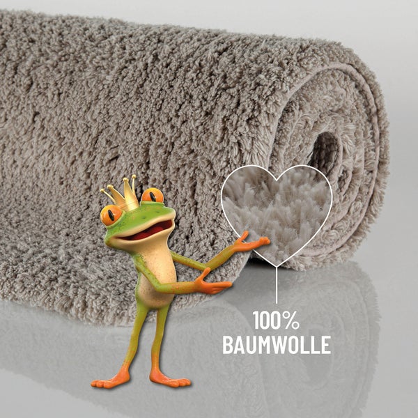 Hochflorige Badematte aus 100 Prozent Baumwolle, aufgerollt mit Detailansicht der Textur und einem Frosch mit Krone.