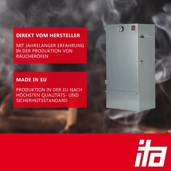 ita Räucherofen aus Metall mit Thermometer, hergestellt in der Europäischen Union nach hohen Qualitätsstandards. ita Logo.