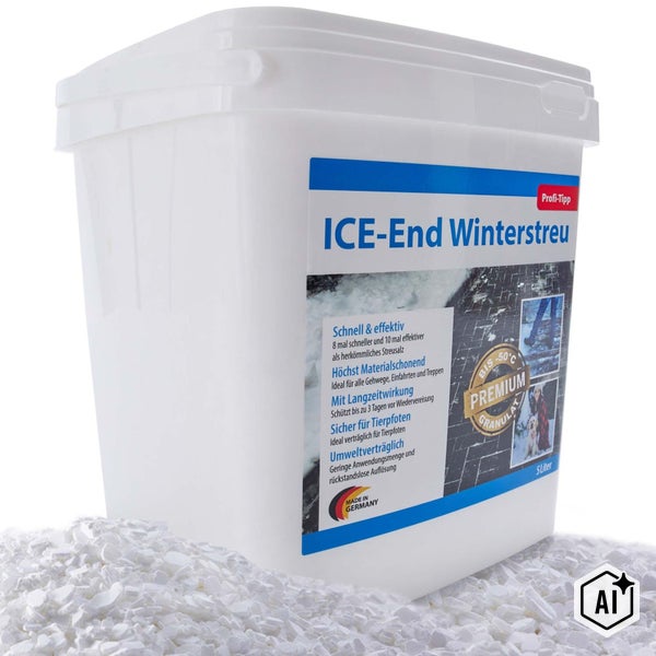 5 Liter ICE End Winterstreu in einem Kunststoffeimer mit Streugranulat zur effizienten und materialschonenden Enteisung von Wegen und Treppen