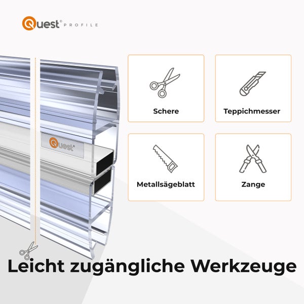 Quest Profile Logo und transparentes Profil, das mit Schere, Teppichmesser, Metallsägeblatt oder Zange bearbeitet werden kann.