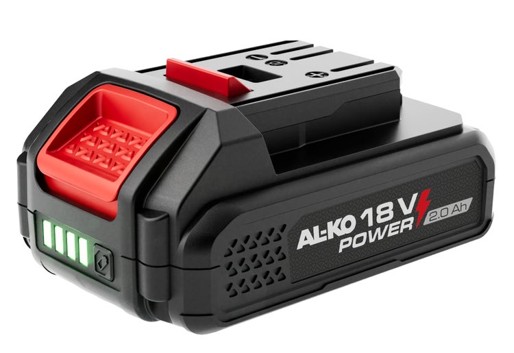 AL-KO 18 Volt Power Lithium-Ionen-Akku mit 2,0 Amperestunden Kapazität und Ladestandsanzeige.
