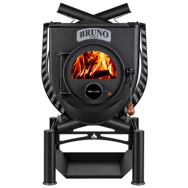 Bruno Pyro Warmluftofen mit Sichtfenster und Holzfeuer auf einem Metallgestell mit Bruno Logo
