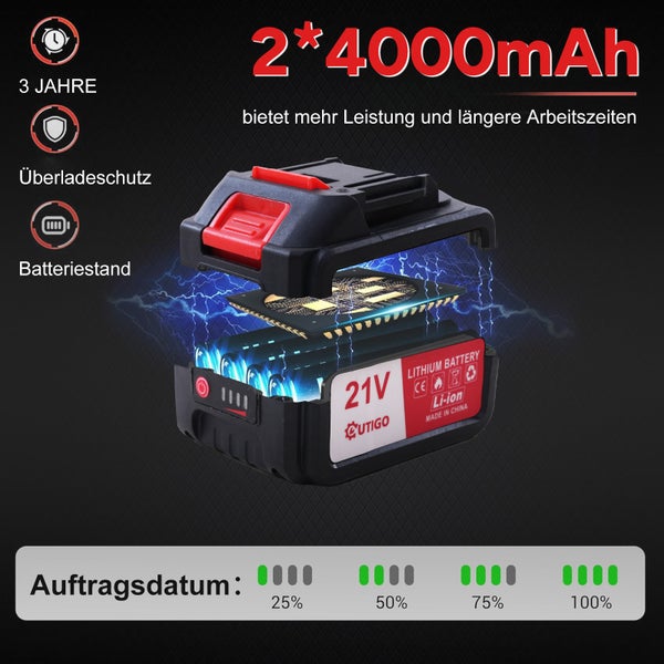 21 Volt Akku mit einer Kapazität von zweimal 4000 mAh
