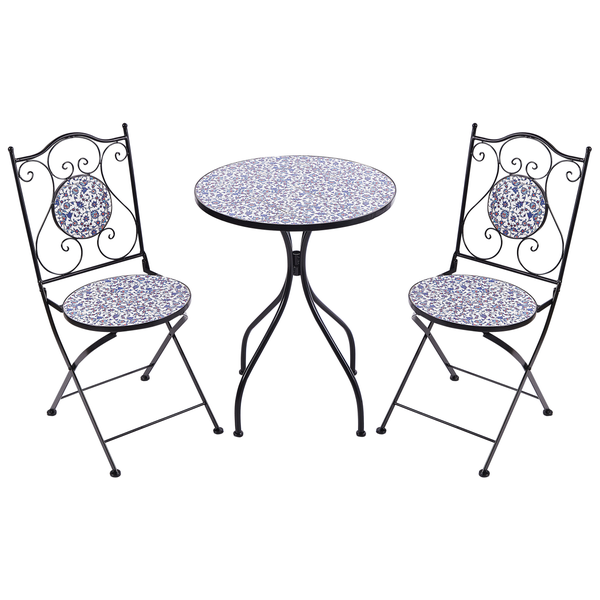 Gartentischgruppe mit zwei Stühlen und einem Tisch mit Mosaikmuster