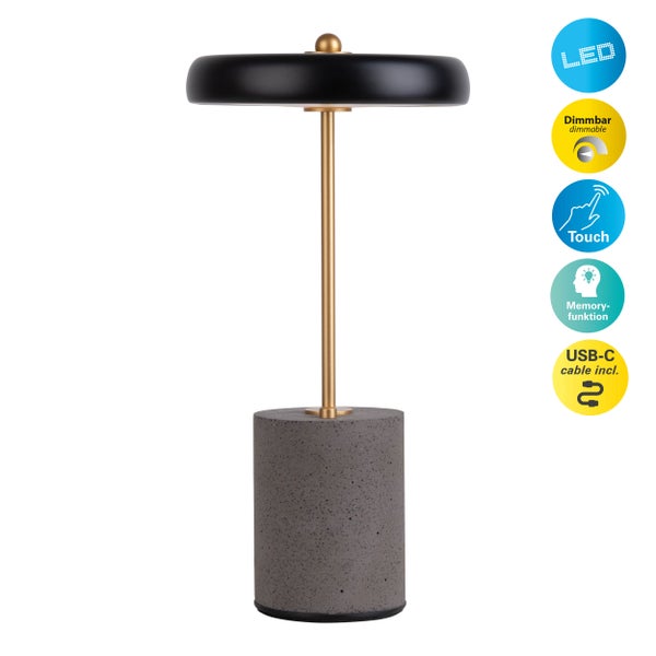 Akku Tischleuchte SETA schwarz 30 cm hoch aus Metall und Beton, mit fest verbauter LED