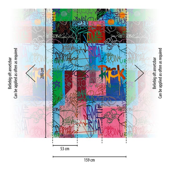 Fototapete mit Graffiti-Motiv im Street-Art-Stil, Höhe 280 Zentimeter, Breite 159 Zentimeter, beliebig oft ansetzbar.