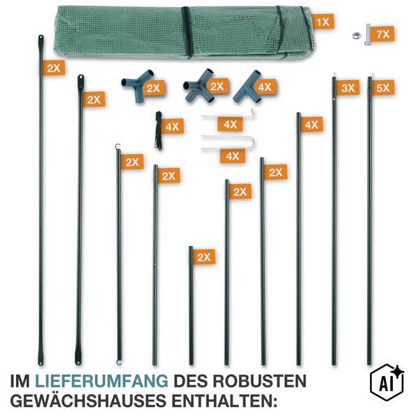 Lieferumfang eines Gewächshauses mit Netzfolie, Metallstangen, Verbindungsstücken, Schrauben und Erdankern in der Übersicht.