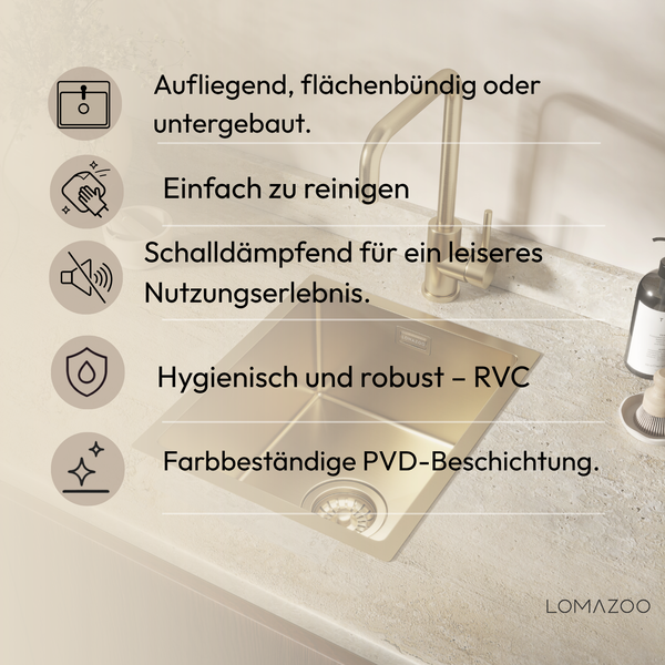 Einbau- und Funktionsübersicht der Lomazoo Küchenspüle mit Wasserhahn und PVD Beschichtung.