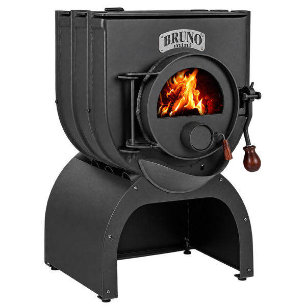 Bruno Mini Warmluftofen aus Stahl mit Holzfeuer und Sichtfenster auf einem Untergestell