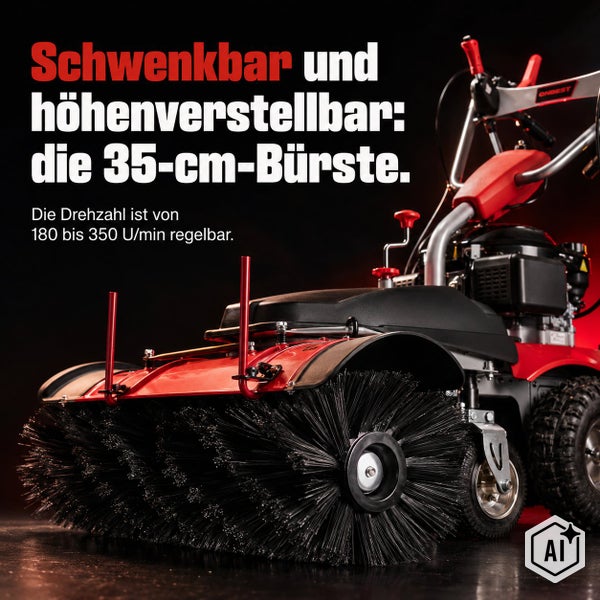 Kehrmaschine mit schwenkbarer und höhenverstellbarer 35 Zentimeter Bürste sowie regelbarer Drehzahl von 180 bis 350 Umdrehungen pro Minute.