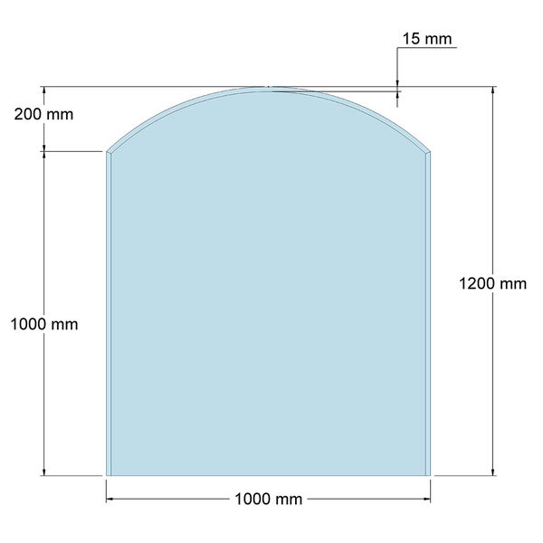 Skizze einer Glasplatte mit Rundbogen mit Maßen von 1000 Millimeter Breite, 1200 Millimeter Gesamthöhe und 15 Millimeter Stärke.