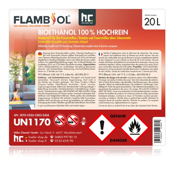 20 Liter Flambsol Bioethanol Brennstoff für Kamine und Feuerstellen