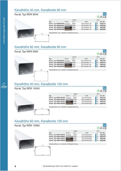 Produktübersicht verschiedener Kabelkanäle vom Typ WDK mit unterschiedlichen Höhen und Breiten