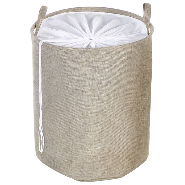 Runder beige Wäschekorb aus Textilgewebe mit zwei Tragegriffen und weißem Kordelzugverschluss.