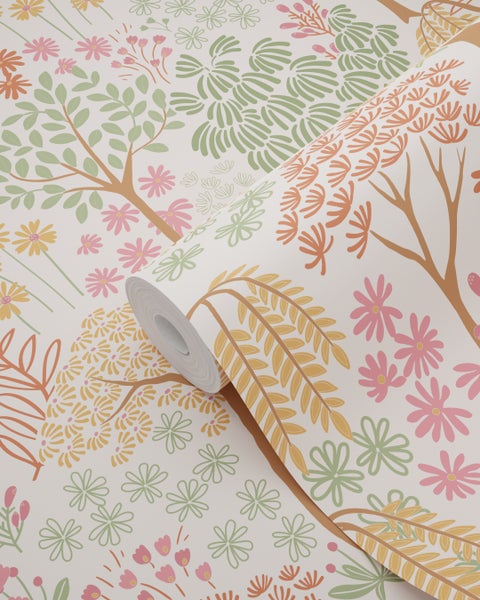 ESTAhome Tapete Bäumen und Blumen Terrakotta, Rosa und Grün - 50 x 900 cm - 131185
