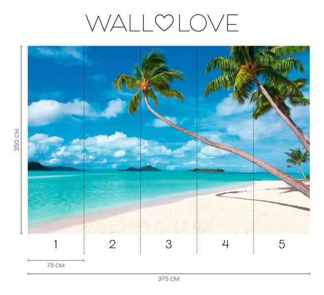 Walllove Fototapete mit Strandmotiv und Palmen, Abmessungen 250 cm Höhe und 375 cm Breite