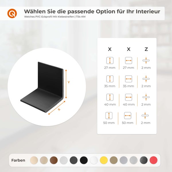 PVC Eckprofil mit Klebestreifen und Maßangaben