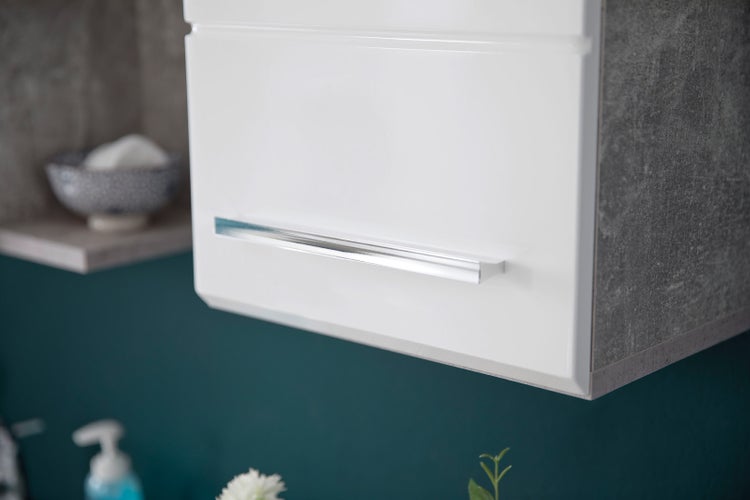 NanoBad Badschrank 1 Tür Beton Stone Dekor, weiß Hochglanz. 32 X 21 X 61 cm