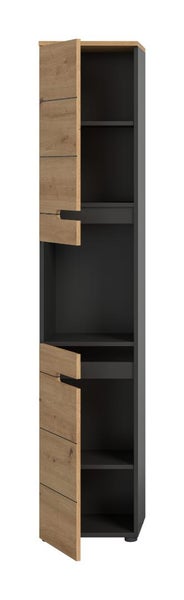 Hochschrank für das Badezimmer in Anthrazit mit Fronten in Eichenoptik, zwei Türen und einem offenen Fach.