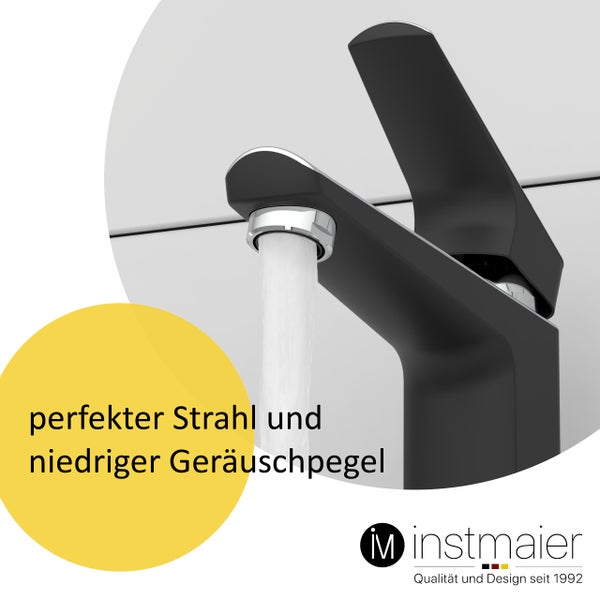 instmaier Waschtischarmatur B2 | hochwertige Mischdüse | Wasserhahn Bad mit Bohrung für Exzentergestänge | Badezimmer Armatur Schwarz / Chrom | mit Zentralverschraubung | Für Lochdurchmesser von 35-50mm