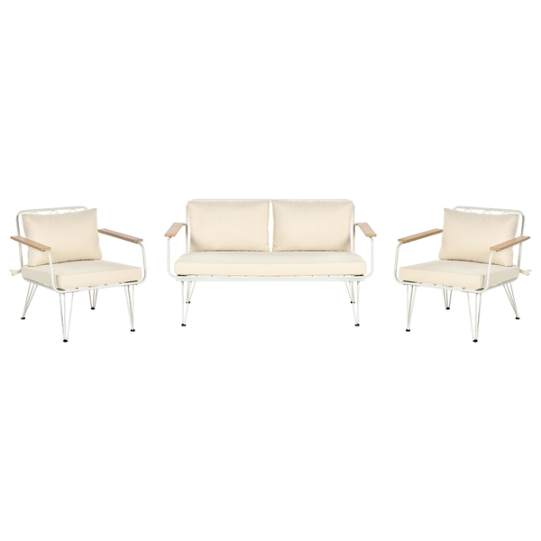 Gartenmöbel Set bestehend aus einem Sofa und zwei Sesseln mit Metallrahmen und beigen Polstern für den Außenbereich