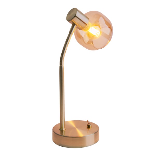 Tischleuchte mit flexiblem Arm und bernsteinfarbenem Glasschirm