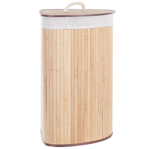 Dreieckiger Wäschekorb aus Bambus mit Deckel, Seilgriff und herausnehmbarem Stoffeinsatz.
