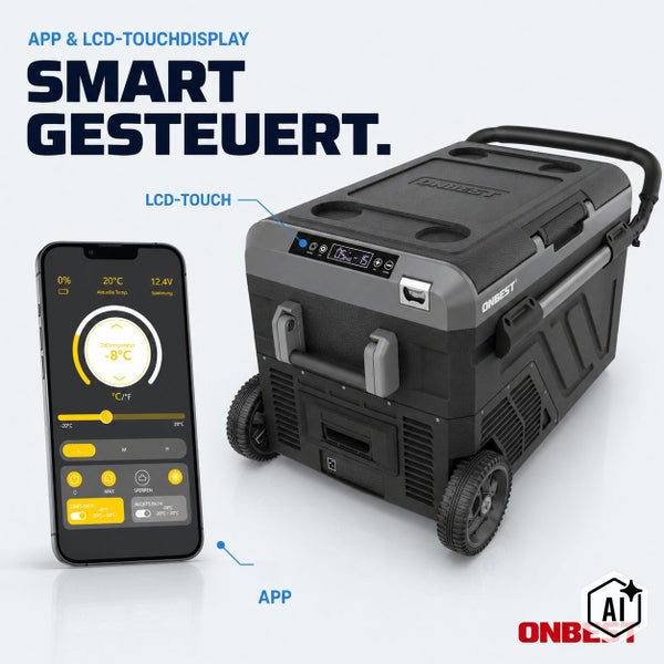 Mobile Kompressorkühlbox mit Rollen, App Steuerung und LCD Touchdisplay für präzise Temperaturregelung.
