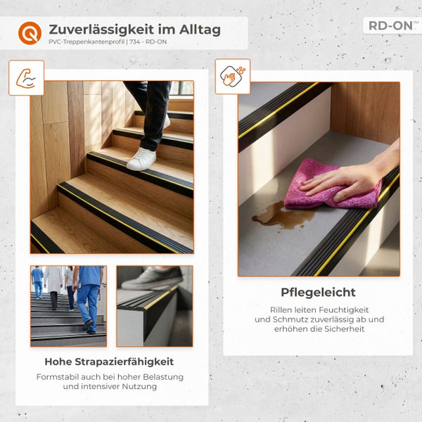 PVC-Treppenkantenprofile in Schwarz und Gelb auf verschiedenen Treppen. Zeigt Belastbarkeit, einfache Reinigung und Sicherheit. RD-ON Logo.