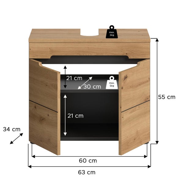 Waschbeckenunterschrank mit offenen Türen und Maßangaben