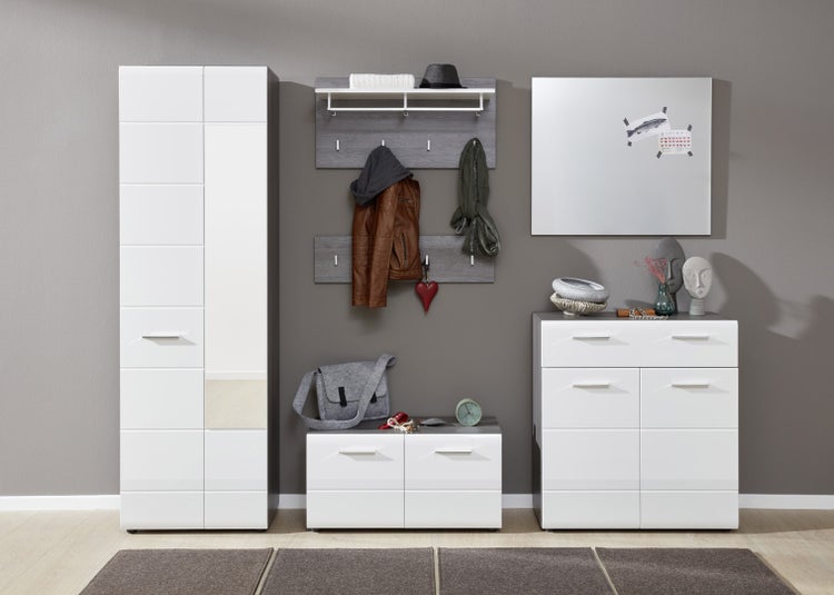 Modernes Garderoben-Set in Weiß und Grauholz-Optik mit Hochschrank inklusive Spiegel, Wandgarderobe mit Ablage, Sitzbank und Kommode.