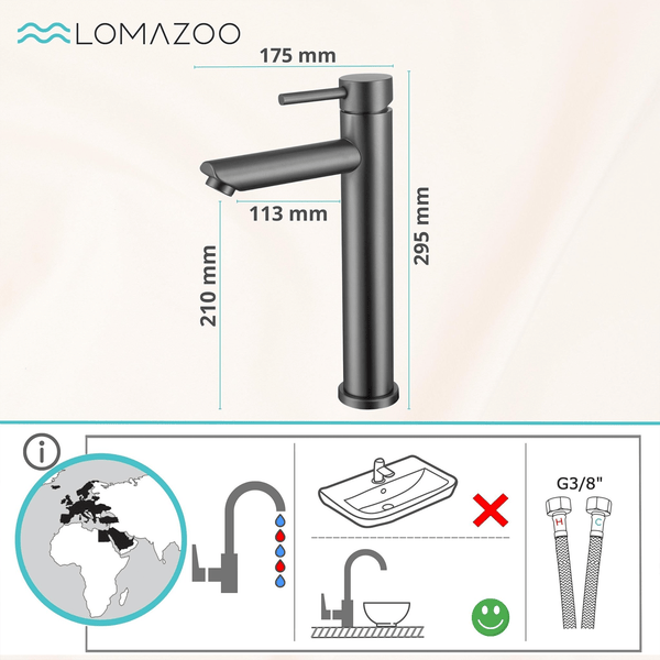 Lomazoo Waschtischarmatur mit Maßangaben in Millimetern, Einhebelmischer für Aufsatzwaschbecken mit G3/8 Zoll Anschlussschläuchen.