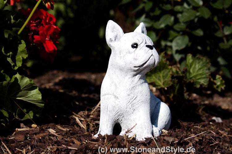 Gartenfigur in Form einer sitzenden Französischen Bulldogge aus Steinguss zur Dekoration im Außenbereich.