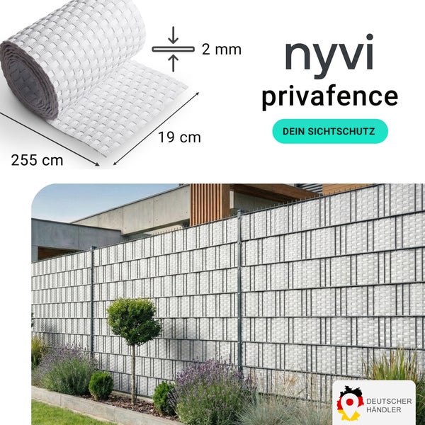 Nyvi Privafence Sichtschutzstreifen für Doppelstabmattenzäune mit 2 Millimeter Stärke, 19 Zentimeter Breite und 255 Zentimeter Länge.