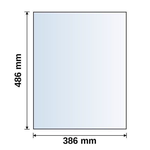 Rechteckige Platte mit einer Breite von 386 Millimeter und einer Höhe von 486 Millimeter.