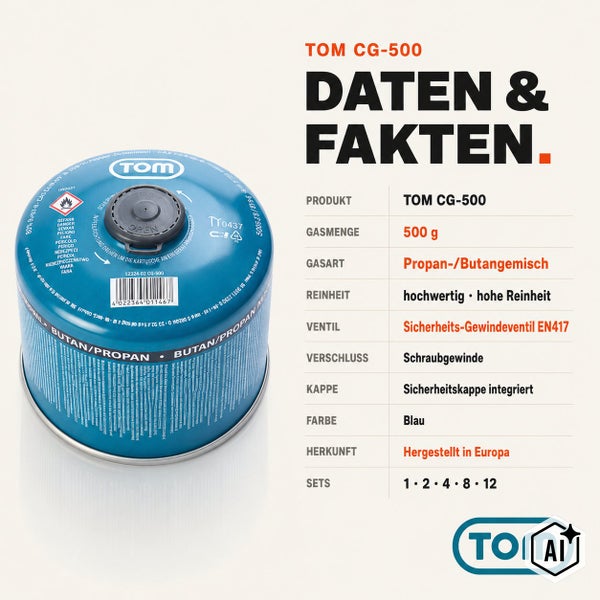 TOM Gaskartusche CG-500 mit 500 Gramm Propan-Butan-Gemisch, Sicherheits-Gewindeventil nach EN417 und integrierter Sicherheitskappe.