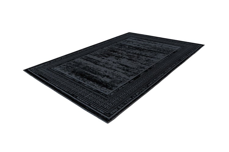 Rechteckiger Teppich mit Mäander-Bordüre und Vintage-Muster.