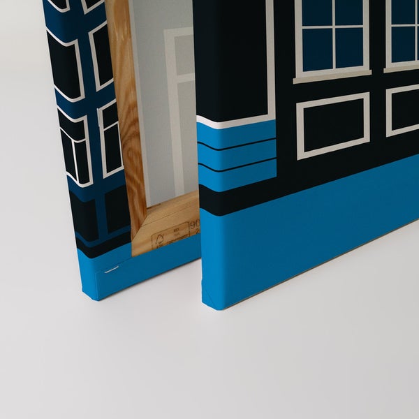 Nahaufnahme eines blauen und schwarzen Wandbildes auf Leinwand