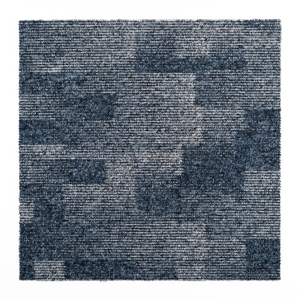 Quadratische Teppichfliese mit Schlingenstruktur und blauem Muster.