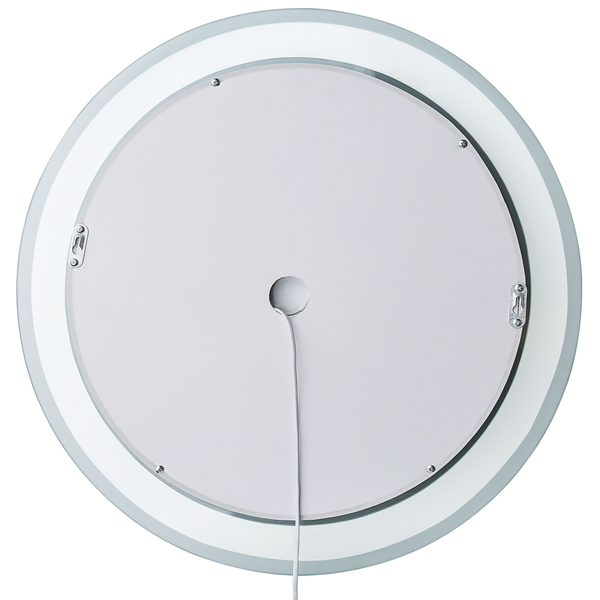 Rückseite eines runden Spiegels mit Glasrahmen und Aufhängungen