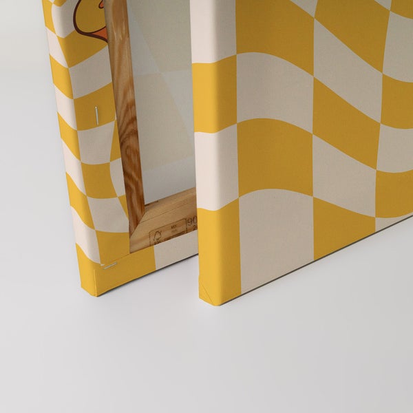 Nahaufnahme einer Leinwand mit Schachbrettmuster und Holzrahmen