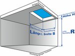 Schematische Darstellung der Maße für eine Deckenöffnung inklusive Raumhöhe, Deckenstärke sowie Länge und Breite der Öffnung.