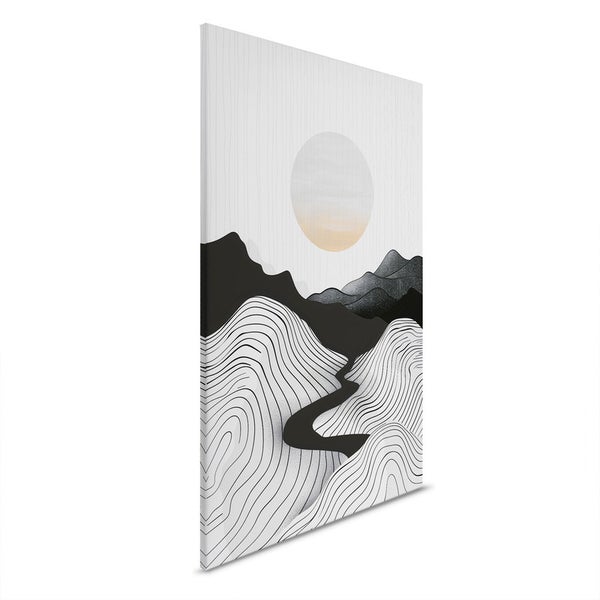 Dekoratives Leinwandbild mit Berglandschaft, Fluss und Sonne