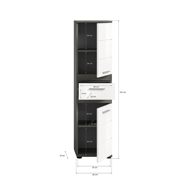 Xonox.home Midischrank Blake BxHxT 35 x 137 cm x 31 cm Frontfarbe weiß hochglanz / Korpus rauchsilber